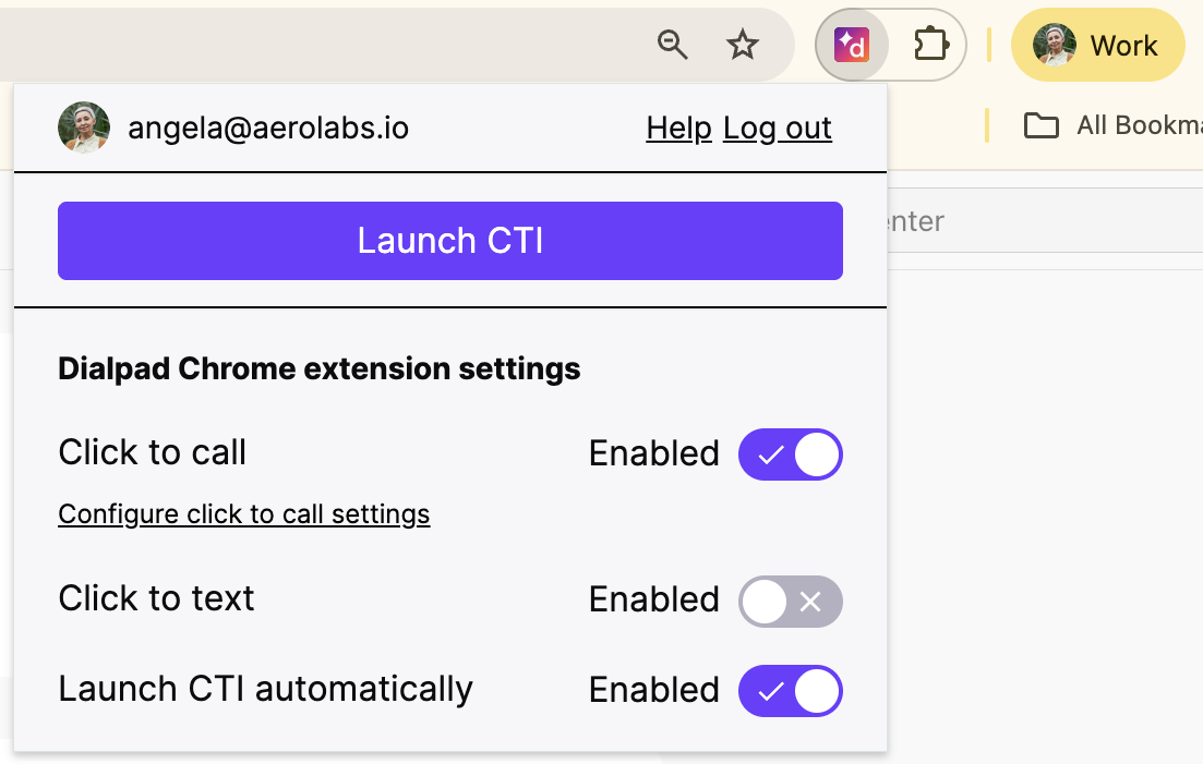 Dialpad Chrome extension settings with options for calling and texting features.